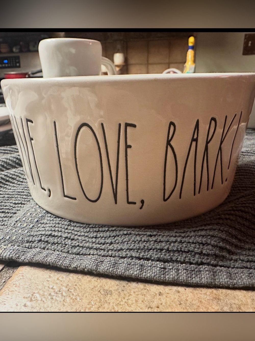 Rae Dunn Cream Ceramic Dog Bowl with Black Lettering - 'Love, Bark!'